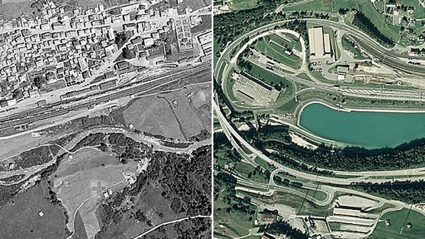 La località leventinese nel 1961 quando vi era solo la ferrovia. A destra un'immagine del 2003 con gli accessi autostradali alla galleria e il lago artificiale che 42 anni prima non esisteva