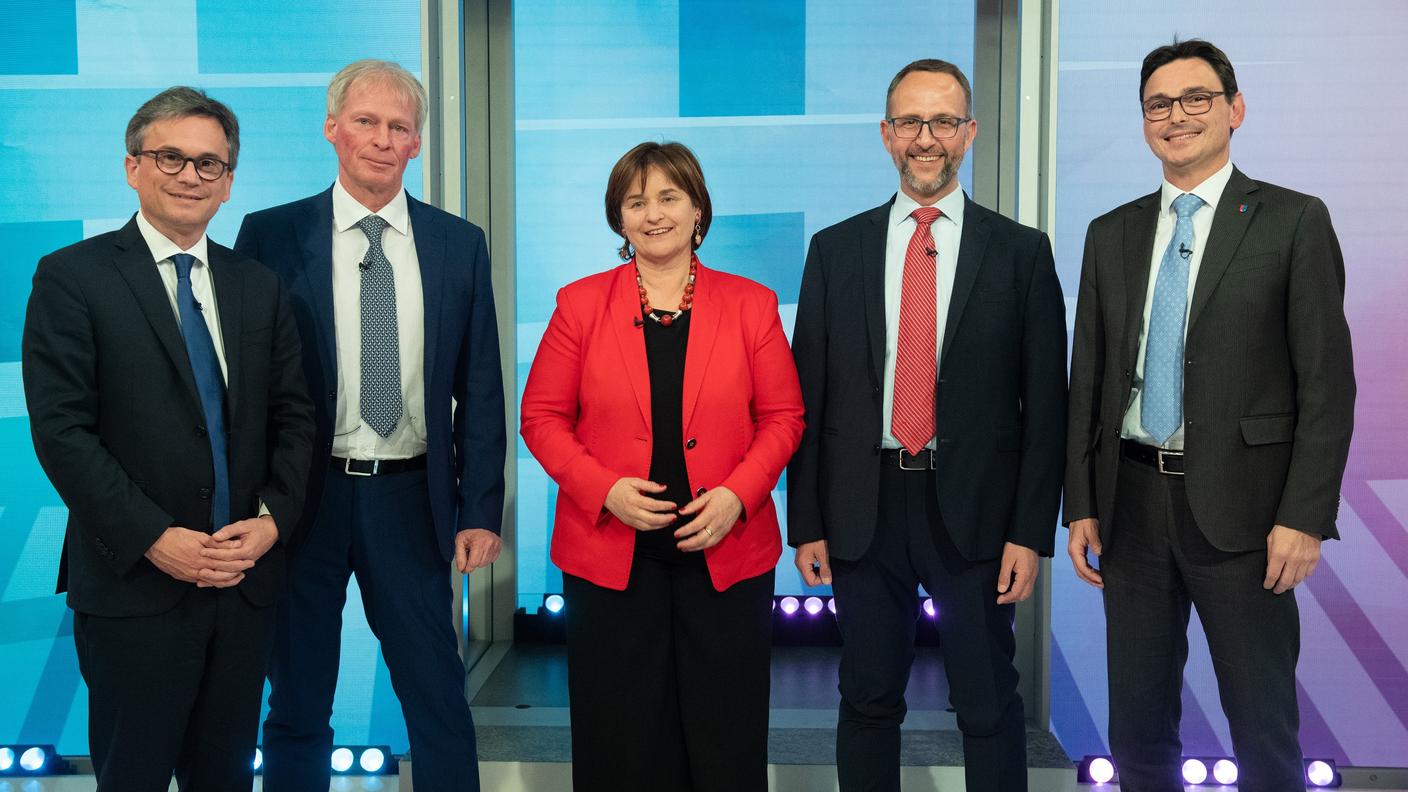 I cinque eletti nello studio RSI: Vitta, Zali, Carobbio Guscetti, Gobbi e De Rosa.