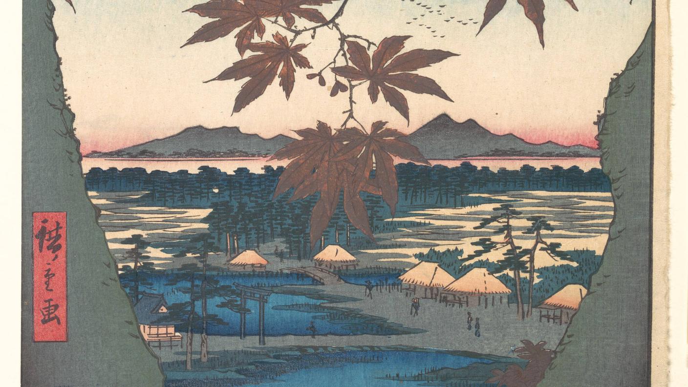 Utagawa Hiroshige, "Aceri a Mama, il santuario di Tekona e il ponte di collegamento" (da 94 famose vedute di Edo), 1857 (dettaglio dipinto)