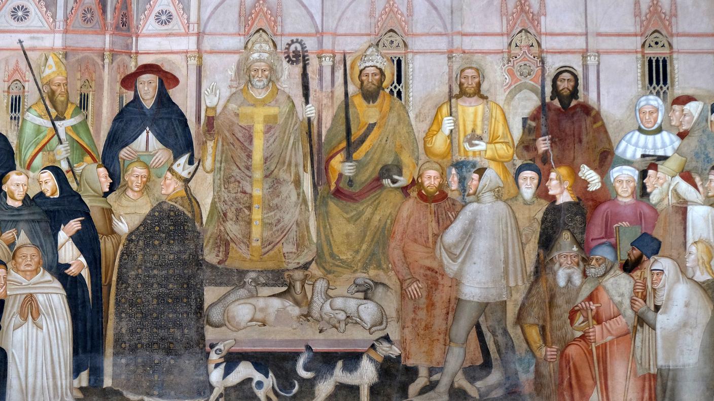 Pellegrini inginocchiati. Dettaglio di un affresco di Andrea Bonaiuto nella chiesa di Santa Maria Novella, Firenze. XIV secolo