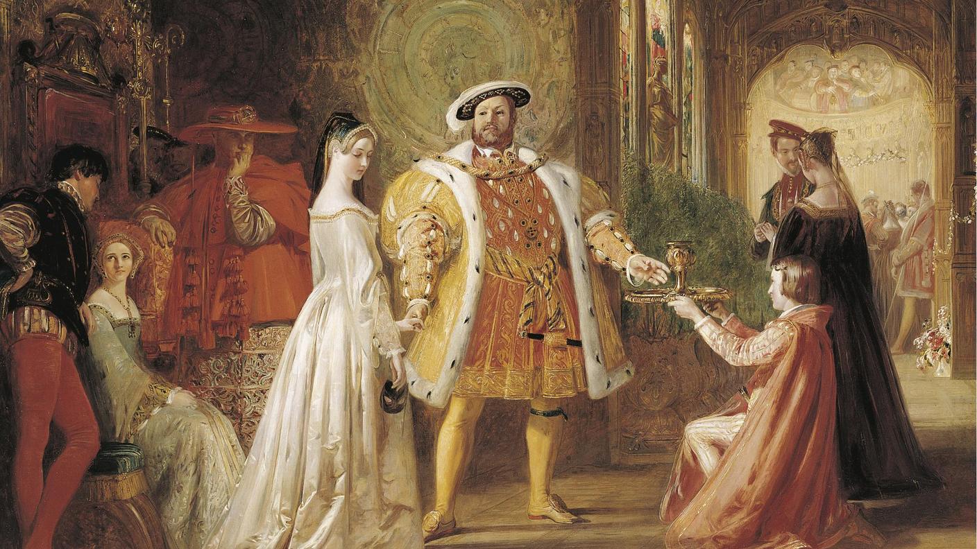 Primo colloquio tra Enrico VIII e Anna Bolena, di Daniel Maclise, 1835, esposto a Londra, British Institution, 1836, n. 61.