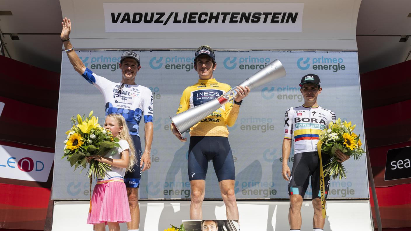 Il podio finale: Fuglsang, Thomas e Higuita
