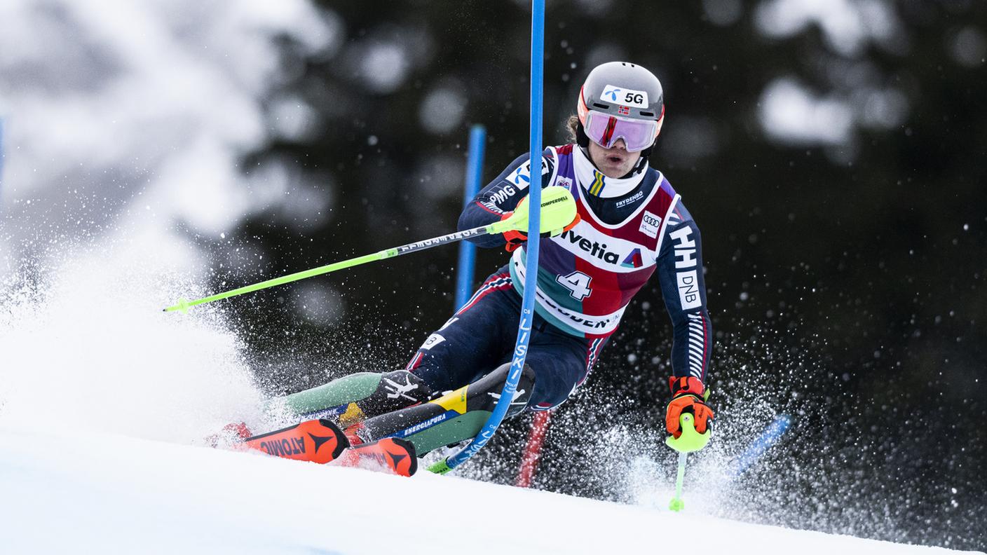 Durante la vittoriosa gara tra i paletti stretti di Adelboden